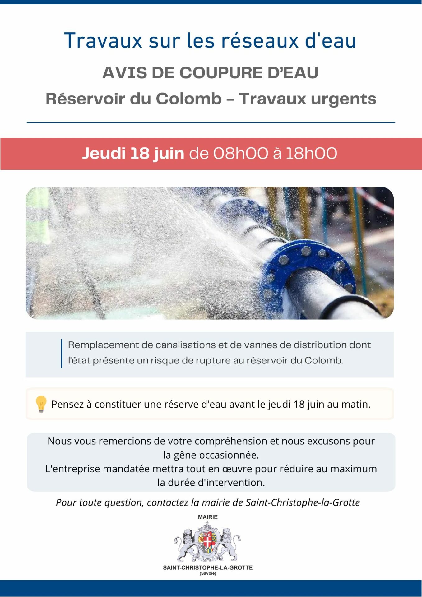 Coupure d&rsquo;eau – Jeudi 18 juin